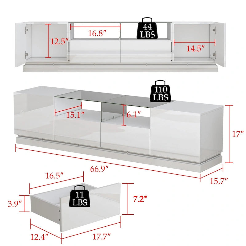 Moderner weißer TV-Schrank mit Hochglanzoberfläche, LED-Beleuchtung und Glasablage