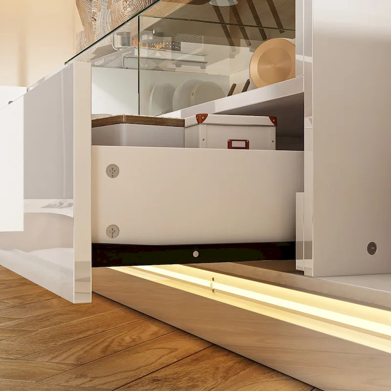 Moderner weißer TV-Schrank mit Hochglanzoberfläche, LED-Beleuchtung und Glasablage