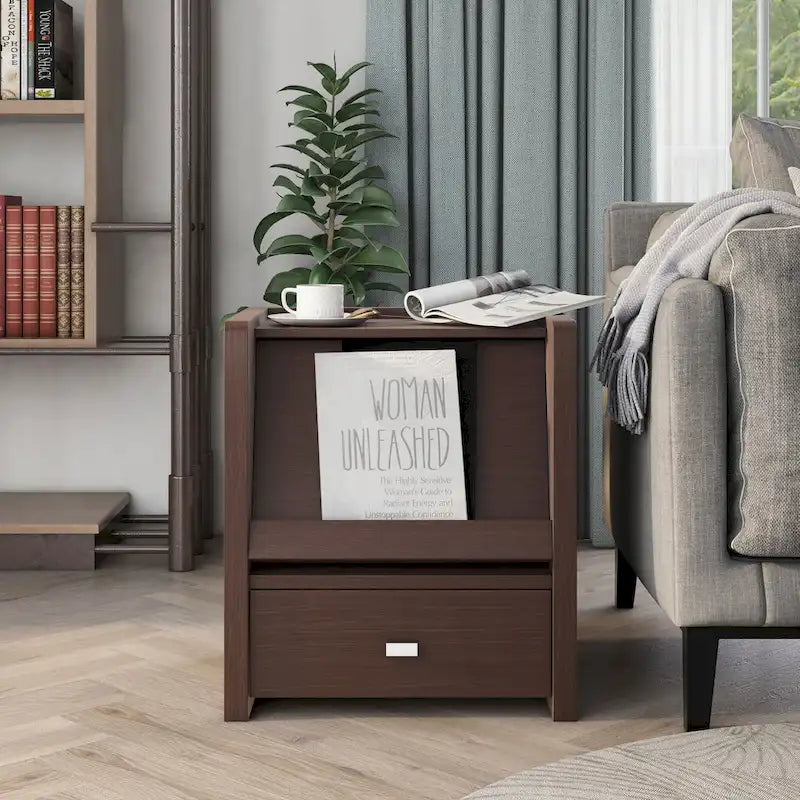Modern Walnut Brown Side Table with Drawer and Magazine Storage