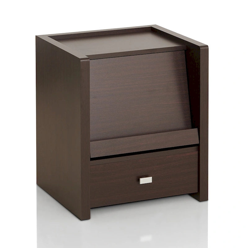 Mesa auxiliar moderna color marrón nogal con cajón y espacio para revistas