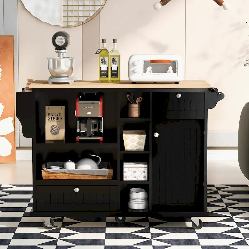 Carrito de isla de cocina con cubierta de madera maciza y ruedas con bloqueo