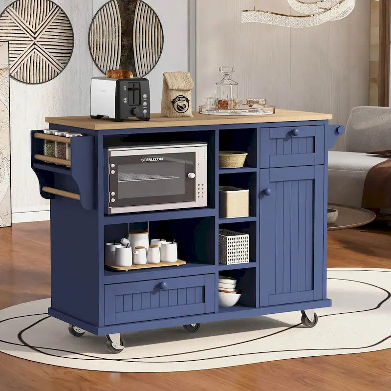 Kitchen Island Cart with Solid Wood Top and Locking Wheels