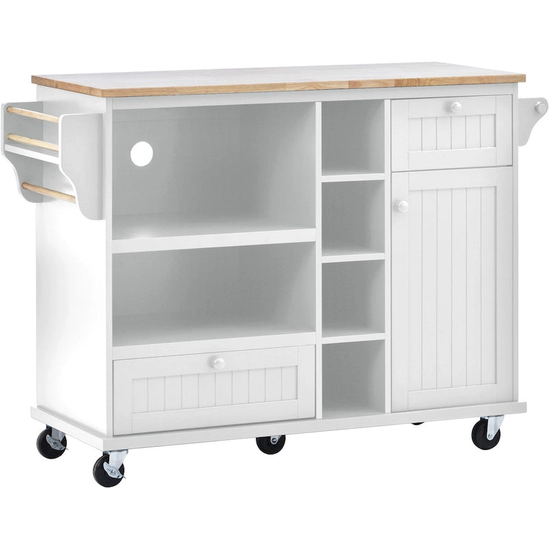 Carrito de isla de cocina con cubierta de madera maciza y ruedas con bloqueo