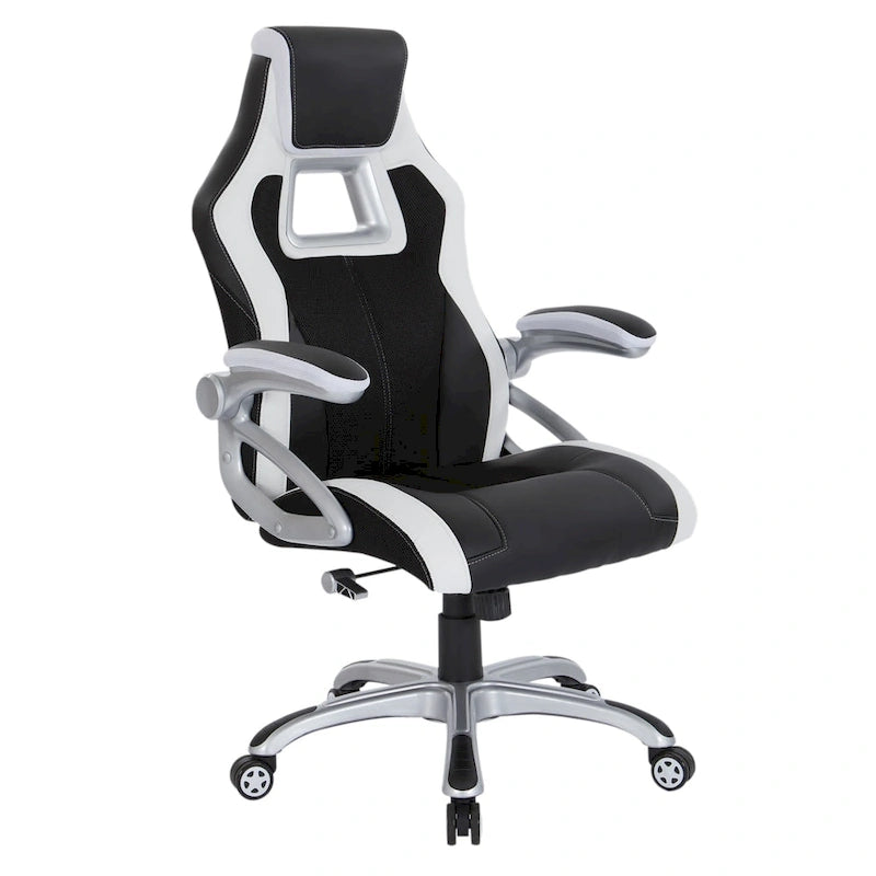 Silla gamer de malla y cuero sintético en dos tonos, con brazos acolchados abatibles