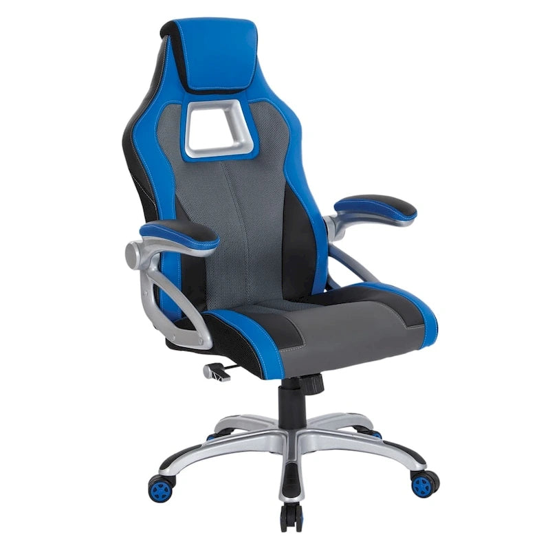 Silla gamer de malla y cuero sintético en dos tonos, con brazos acolchados abatibles