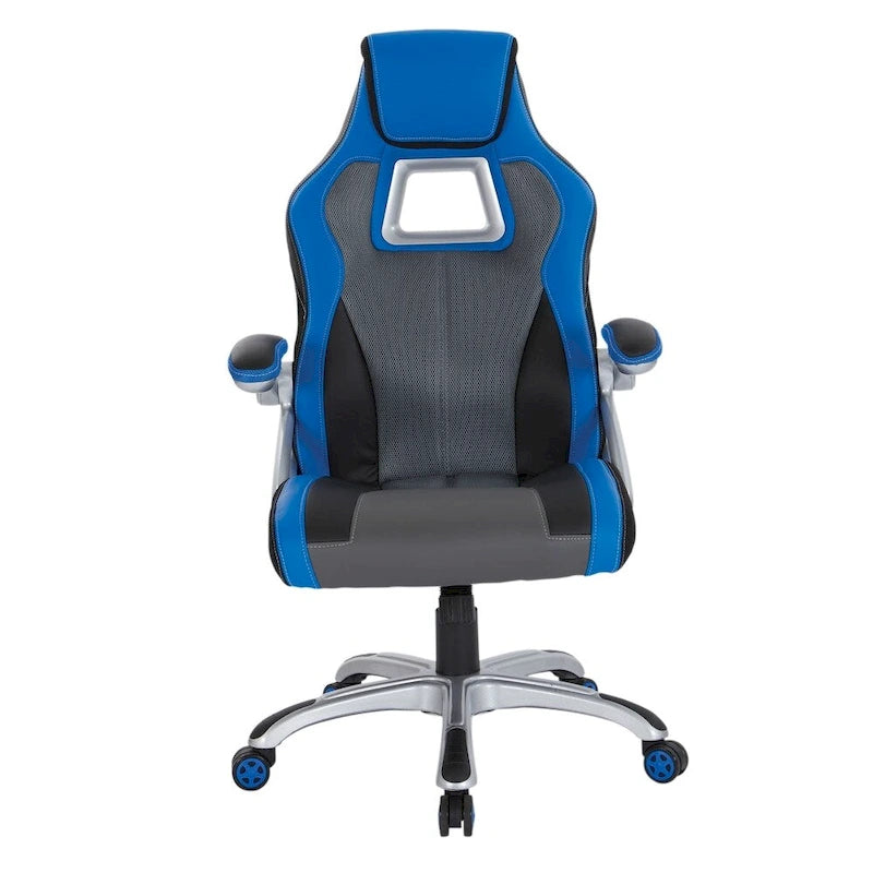 Silla gamer de malla y cuero sintético en dos tonos, con brazos acolchados abatibles