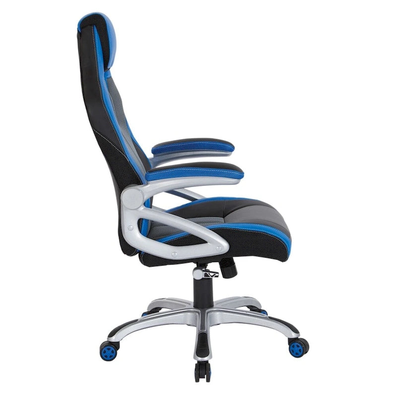 Silla gamer de malla y cuero sintético en dos tonos, con brazos acolchados abatibles