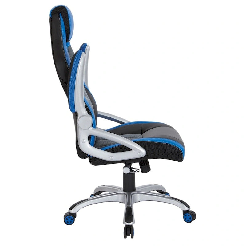 Silla gamer de malla y cuero sintético en dos tonos, con brazos acolchados abatibles