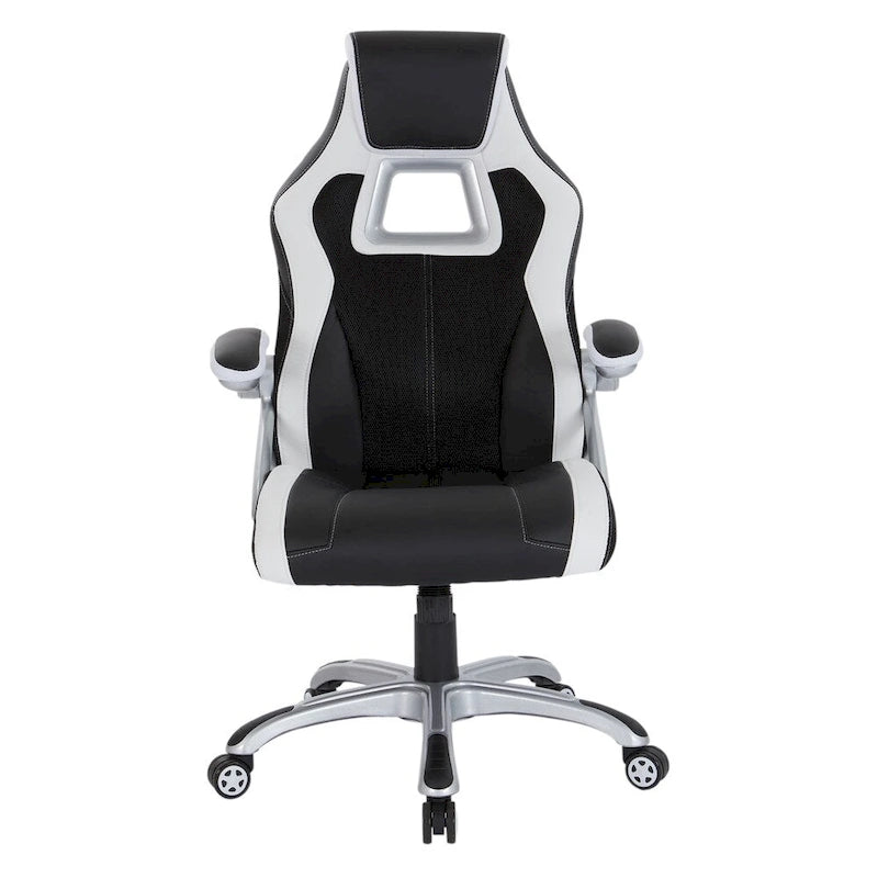 Silla gamer de malla y cuero sintético en dos tonos, con brazos acolchados abatibles