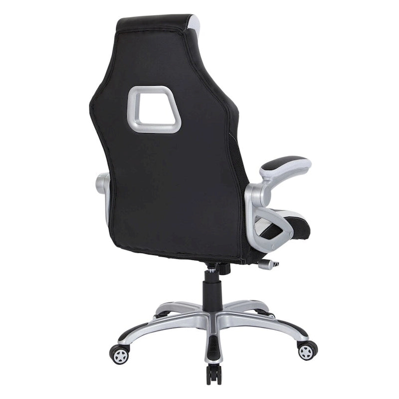 Silla gamer de malla y cuero sintético en dos tonos, con brazos acolchados abatibles