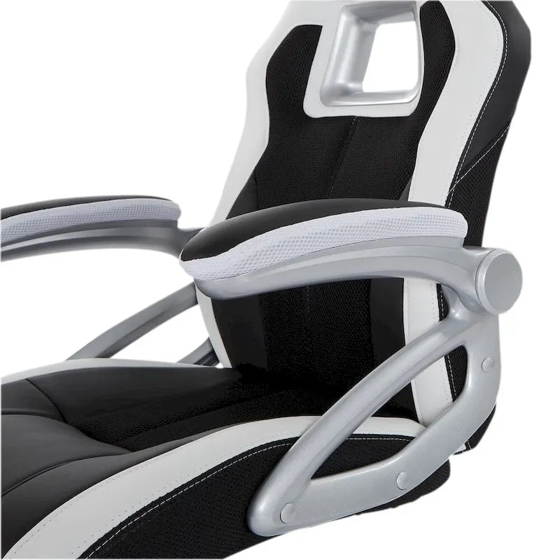 Silla gamer de malla y cuero sintético en dos tonos, con brazos acolchados abatibles