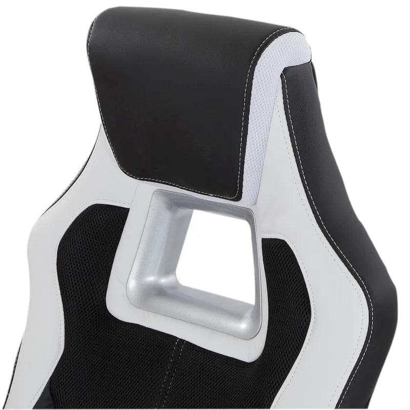 Silla gamer de malla y cuero sintético en dos tonos, con brazos acolchados abatibles