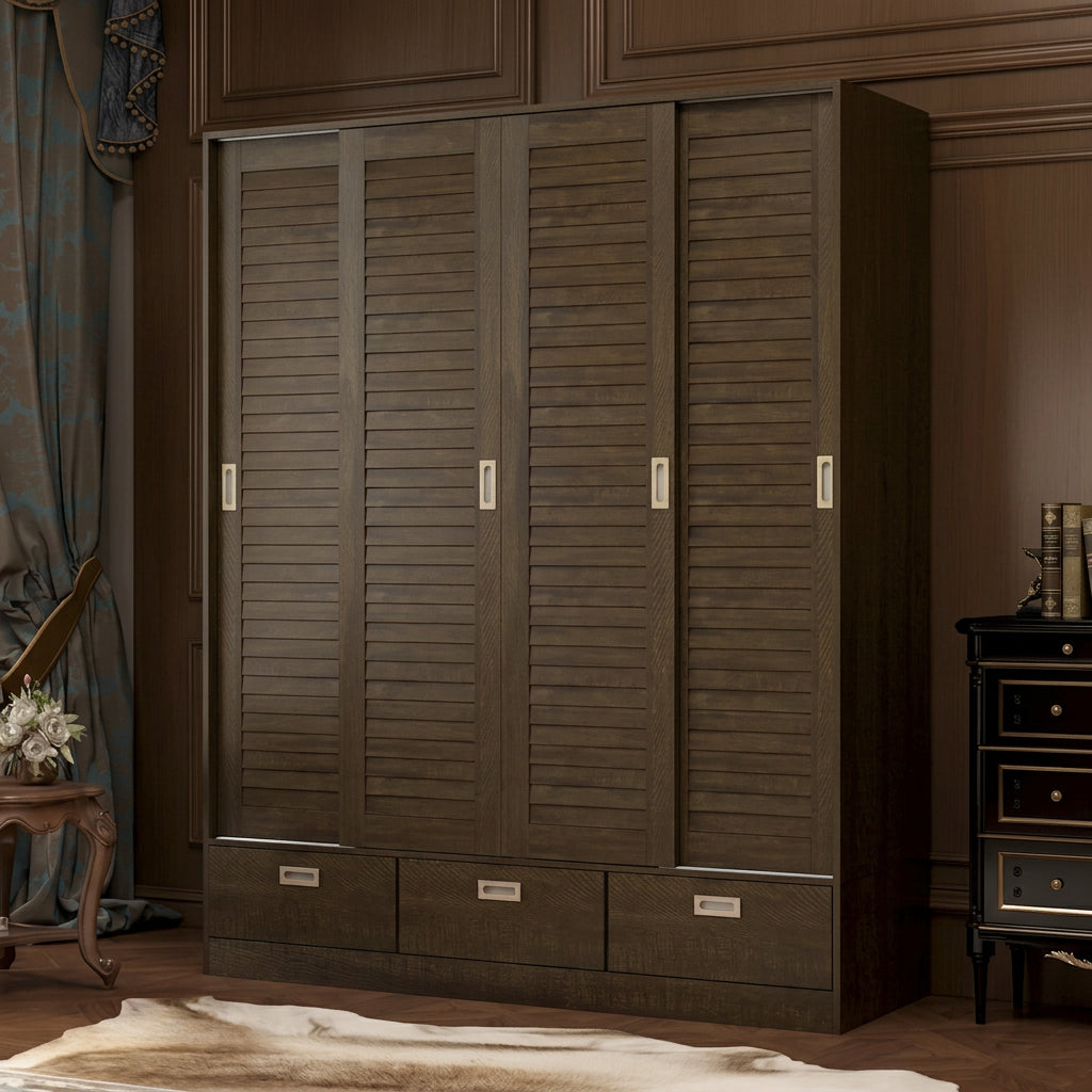 Brown Wood Grain Wardrobe with Drawers, Hanging Rod 4 Sliding Doors