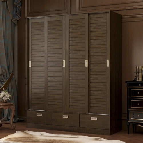Brown Wood Grain Wardrobe with Drawers, Hanging Rod 4 Sliding Doors
