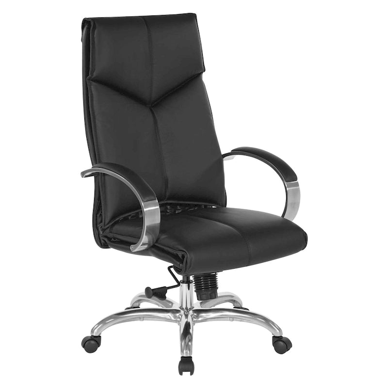 Silla ejecutiva de oficina de cuero negro con respaldo alto y brazos cromados acolchados