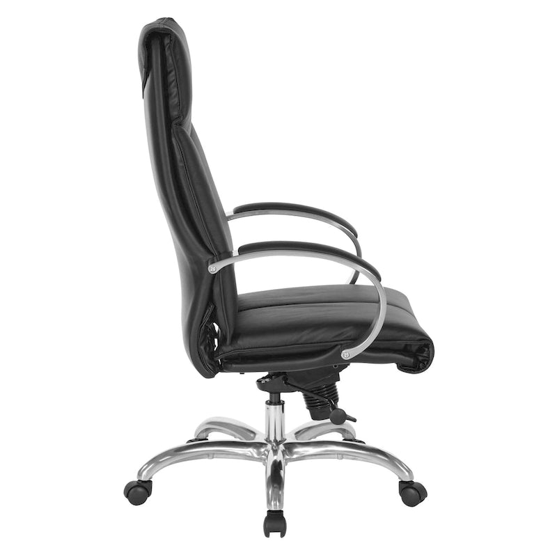 Silla ejecutiva de oficina de cuero negro con respaldo alto y brazos cromados acolchados