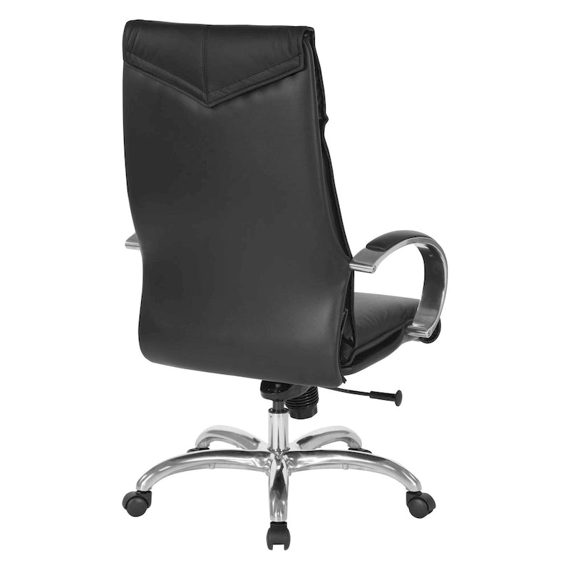 Silla ejecutiva de oficina de cuero negro con respaldo alto y brazos cromados acolchados