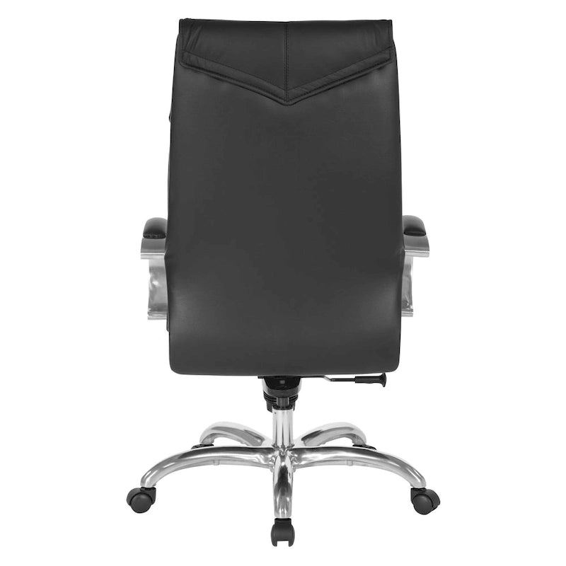 Silla ejecutiva de oficina de cuero negro con respaldo alto y brazos cromados acolchados
