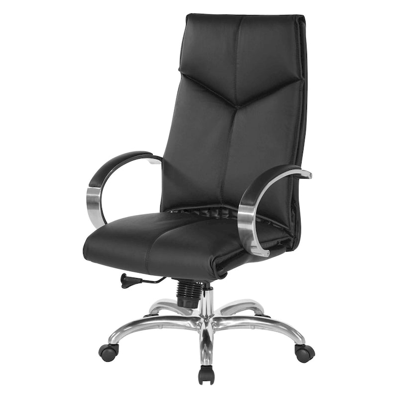 Silla ejecutiva de oficina de cuero negro con respaldo alto y brazos cromados acolchados