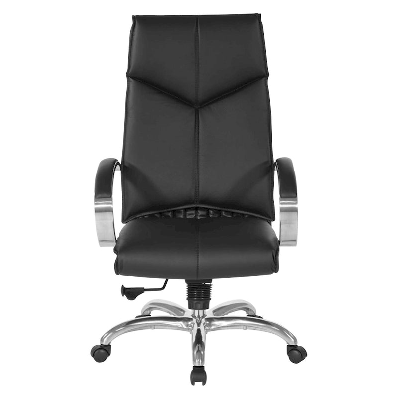 Silla ejecutiva de oficina de cuero negro con respaldo alto y brazos cromados acolchados