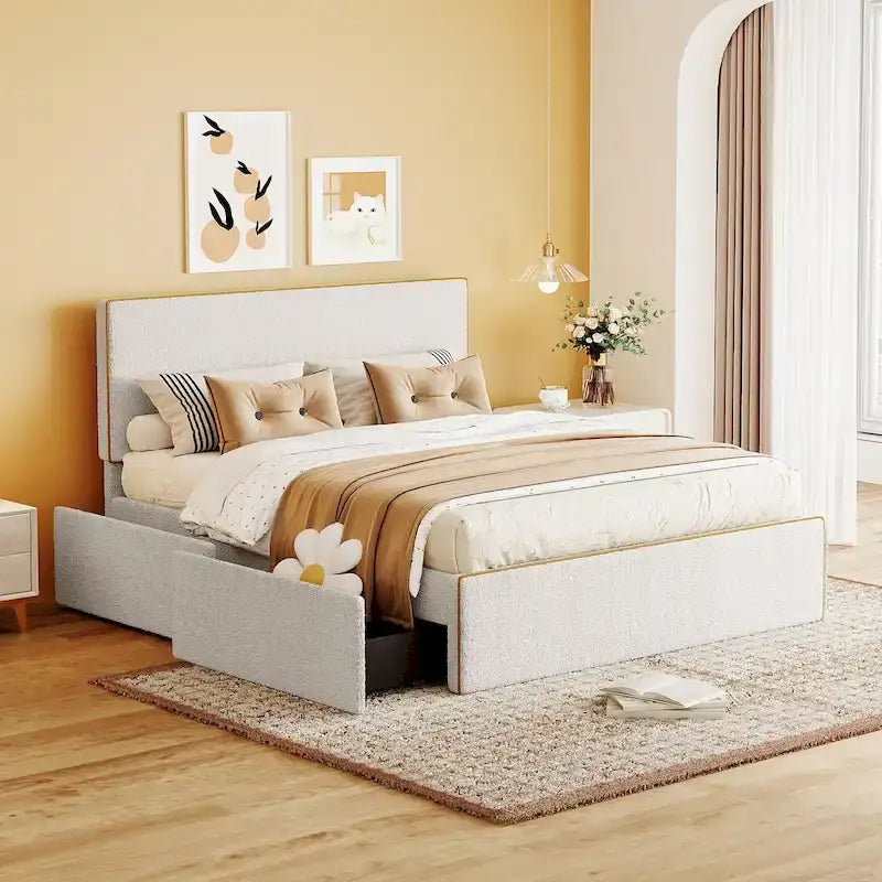 Cama de plataforma tapizada tamaño Full con 4 cajones