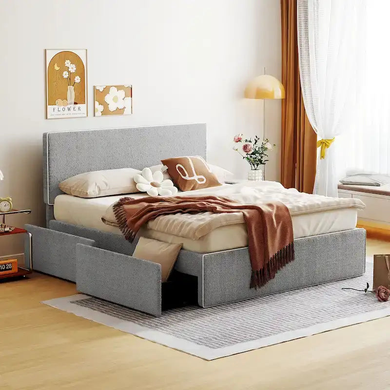 Cama de plataforma tapizada tamaño Full con 4 cajones