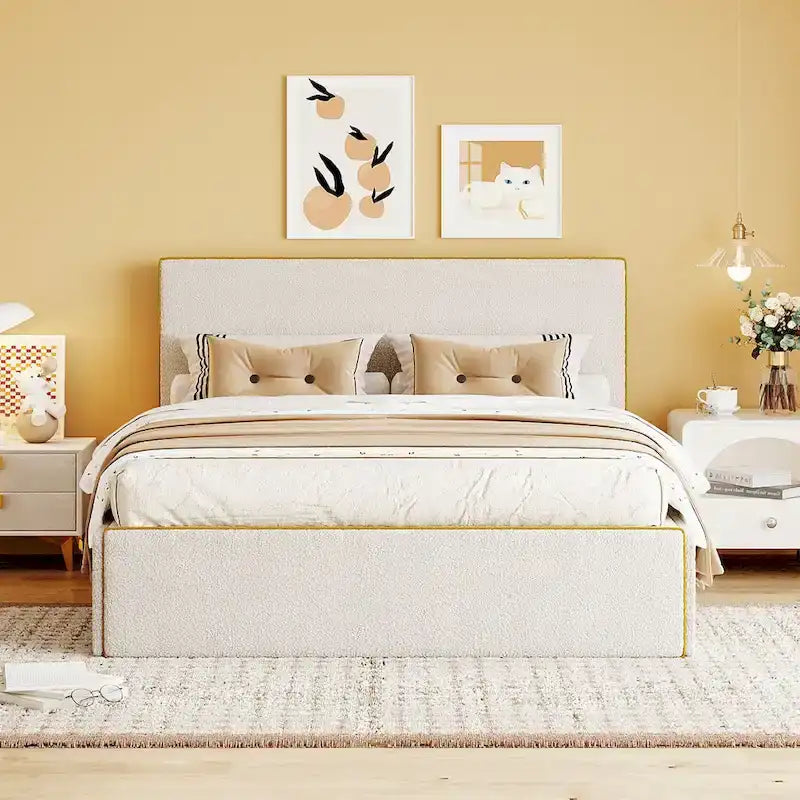 Cama de plataforma tapizada tamaño Full con 4 cajones