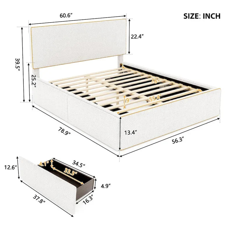 Cama de plataforma tapizada tamaño Full con 4 cajones