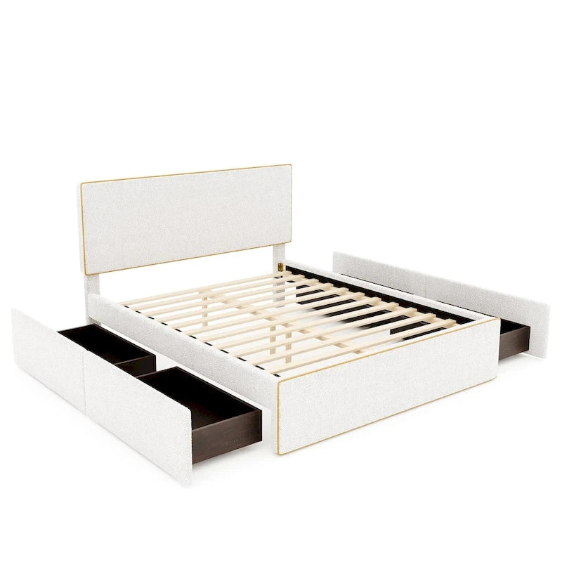 Cama de plataforma tapizada tamaño Full con 4 cajones