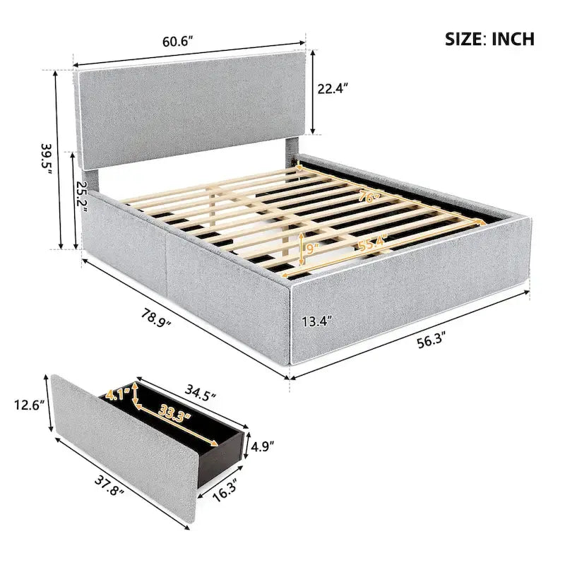 Cama de plataforma tapizada tamaño Full con 4 cajones