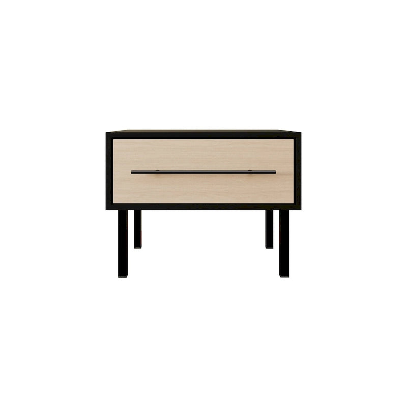 Mesita de noche de madera de roble antiguo con un cajón y patas de metal negro