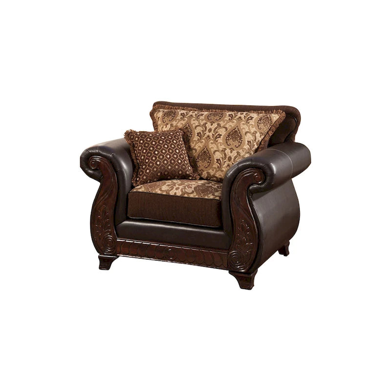 Sillón tradicional de cuero sintético con estampado damasco y brazos de madera tallada enrollados