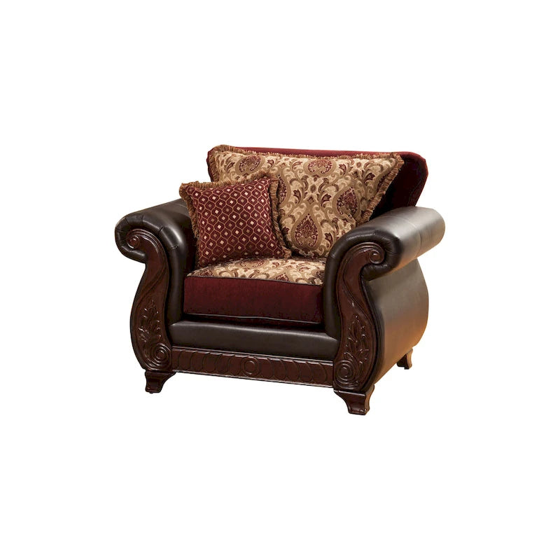 Sillón tradicional de cuero sintético con estampado damasco y brazos de madera tallada enrollados