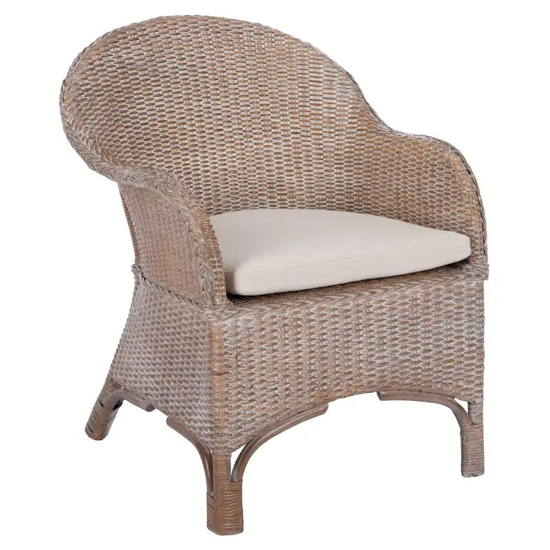 Sillón decorativo de ratán tejido con acabado gris y cojín de asiento blanco