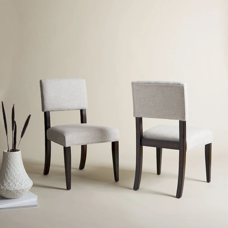 Silla de comedor de madera marrón oscuro con tapizado de lino topo claro