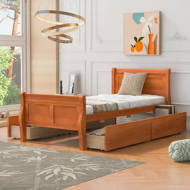 Cama de plataforma clásica de madera con cuatro cajones y cabecero con paneles