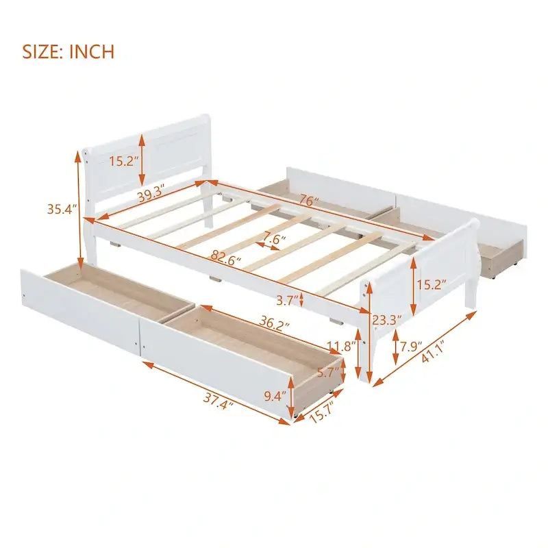 Cama de plataforma clásica de madera con cuatro cajones y cabecero con paneles
