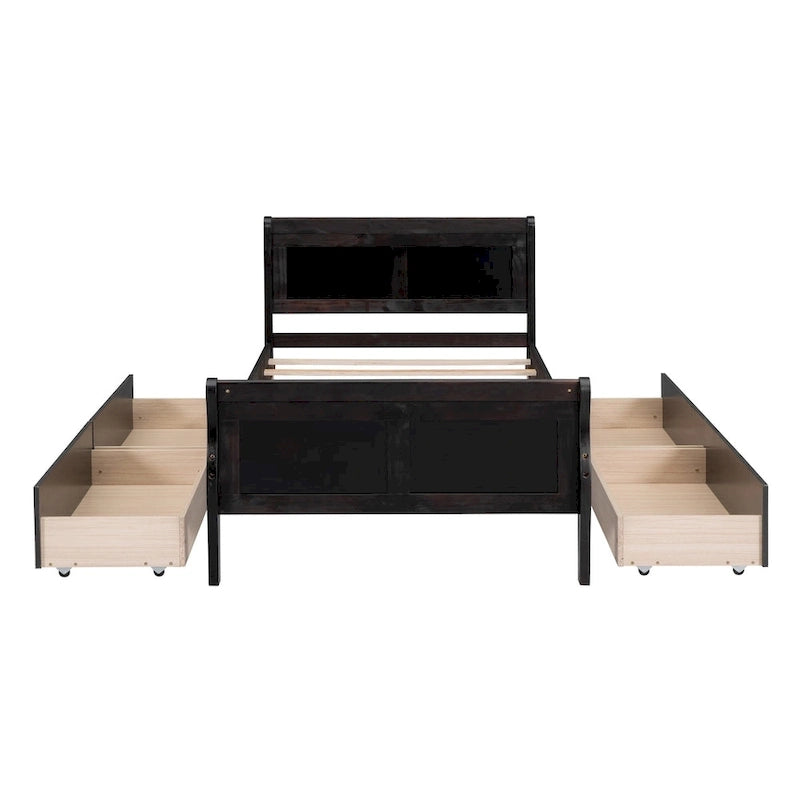 Klassisches Plattformbett aus Holz mit vier Schubladen und Kopfteil mit Paneelen