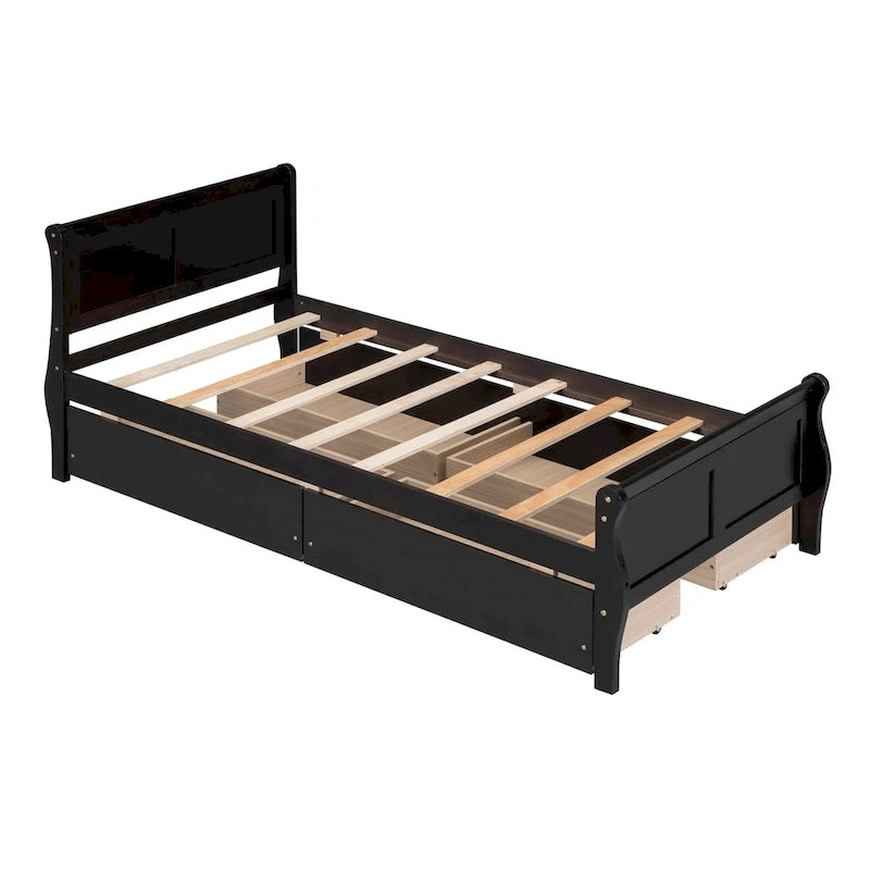 Klassisches Plattformbett aus Holz mit vier Schubladen und Kopfteil mit Paneelen