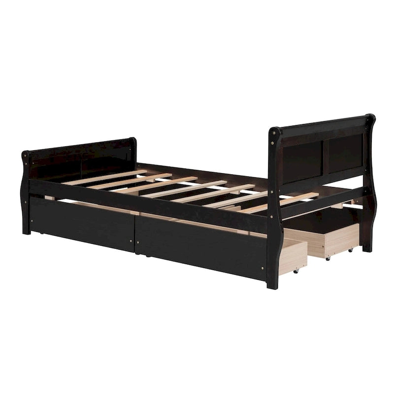 Klassisches Plattformbett aus Holz mit vier Schubladen und Kopfteil mit Paneelen