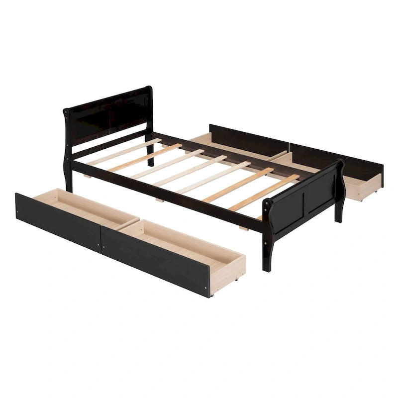 Klassisches Plattformbett aus Holz mit vier Schubladen und Kopfteil mit Paneelen