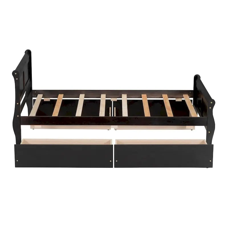 Klassisches Plattformbett aus Holz mit vier Schubladen und Kopfteil mit Paneelen