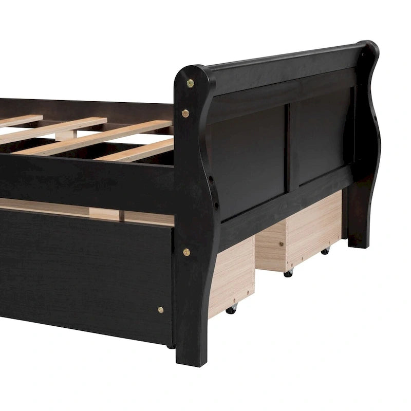 Klassisches Plattformbett aus Holz mit vier Schubladen und Kopfteil mit Paneelen
