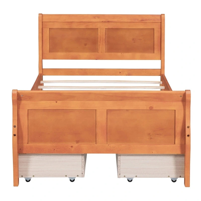 Klassisches Plattformbett aus Holz mit vier Schubladen und Kopfteil mit Paneelen