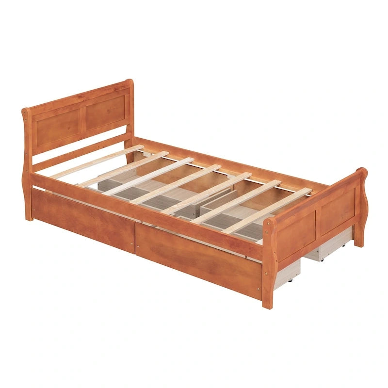 Klassisches Plattformbett aus Holz mit vier Schubladen und Kopfteil mit Paneelen