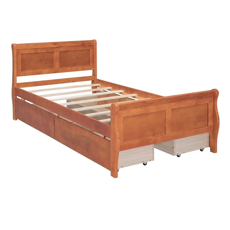 Klassisches Plattformbett aus Holz mit vier Schubladen und Kopfteil mit Paneelen