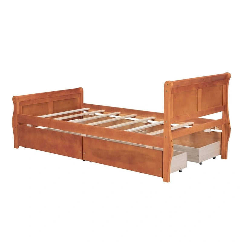 Klassisches Plattformbett aus Holz mit vier Schubladen und Kopfteil mit Paneelen