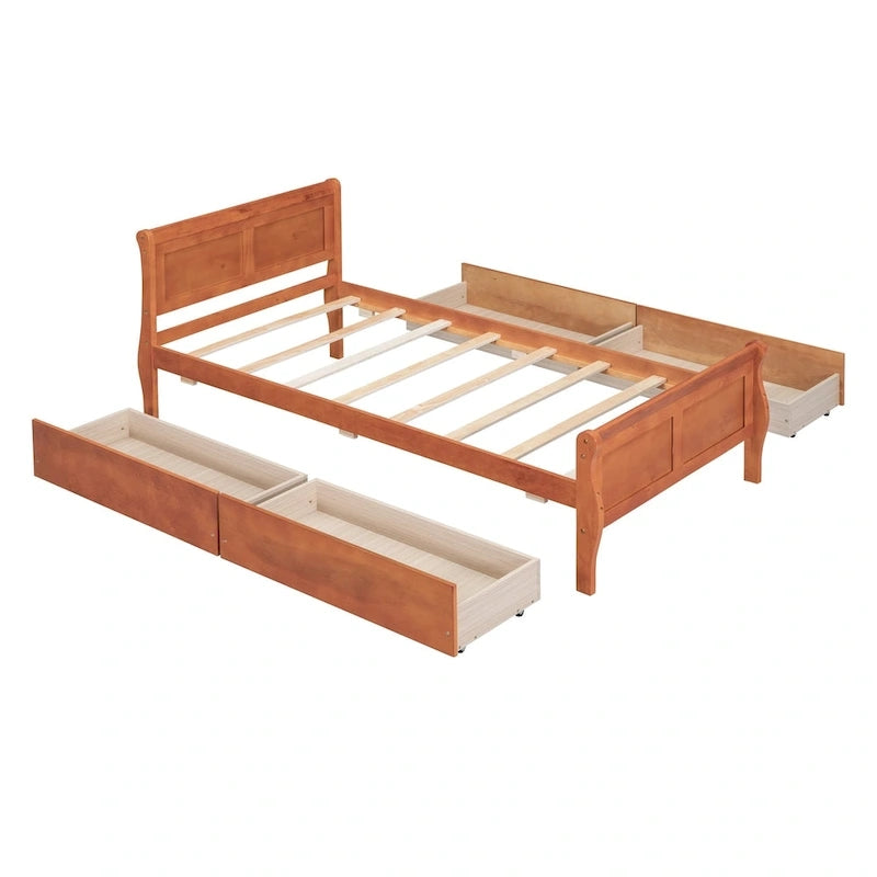 Klassisches Plattformbett aus Holz mit vier Schubladen und Kopfteil mit Paneelen