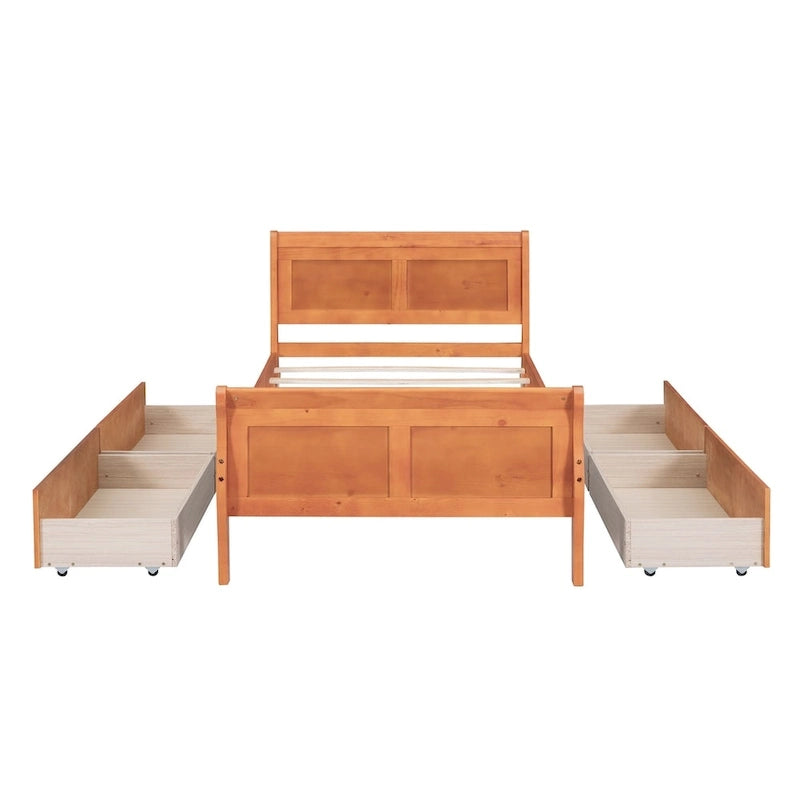 Klassisches Plattformbett aus Holz mit vier Schubladen und Kopfteil mit Paneelen