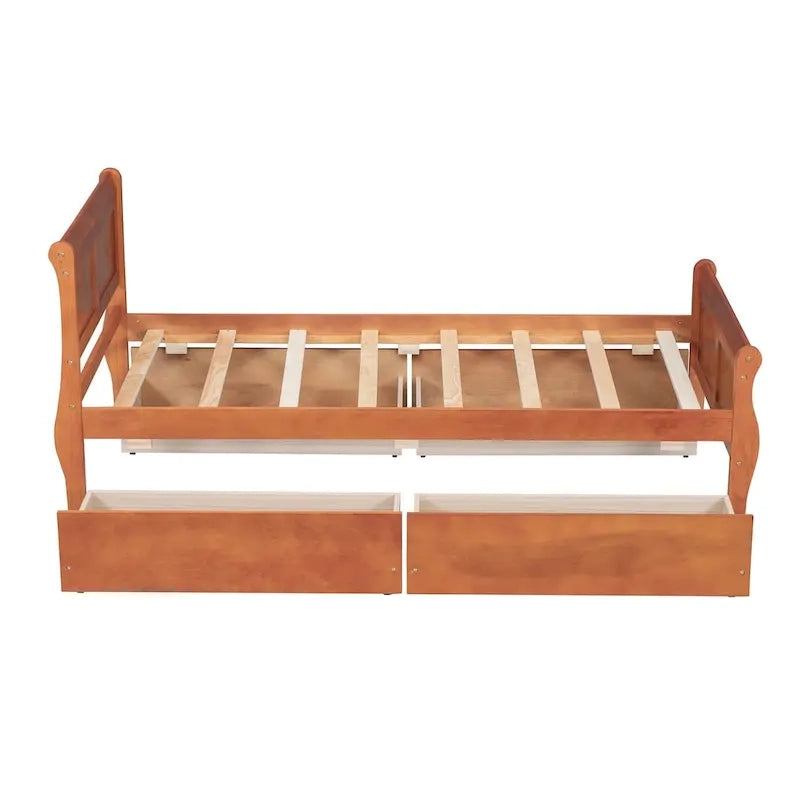 Klassisches Plattformbett aus Holz mit vier Schubladen und Kopfteil mit Paneelen